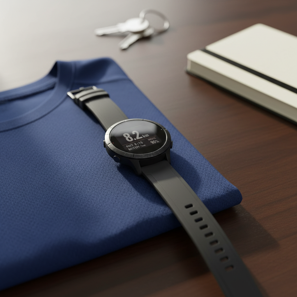 A close-up, top-down view of a simple GPS running watch with a slightly scratched matte black bezel and a silicone band, resting on a dark wooden table beside a folded technical running shirt. The watch face displays a recently finished 8.2 km run in clean, legible numbers, with battery and pace details visible. Soft morning light from a nearby window glides across the glass, creating subtle reflections but no glare, and casts delicate shadows along the band. The background is lightly blurred but reveals a set of keys and a minimalist notebook, hinting at real-life use. Photographic realism, clean and professional, with sharp focus on the watch and a calm, focused mood.