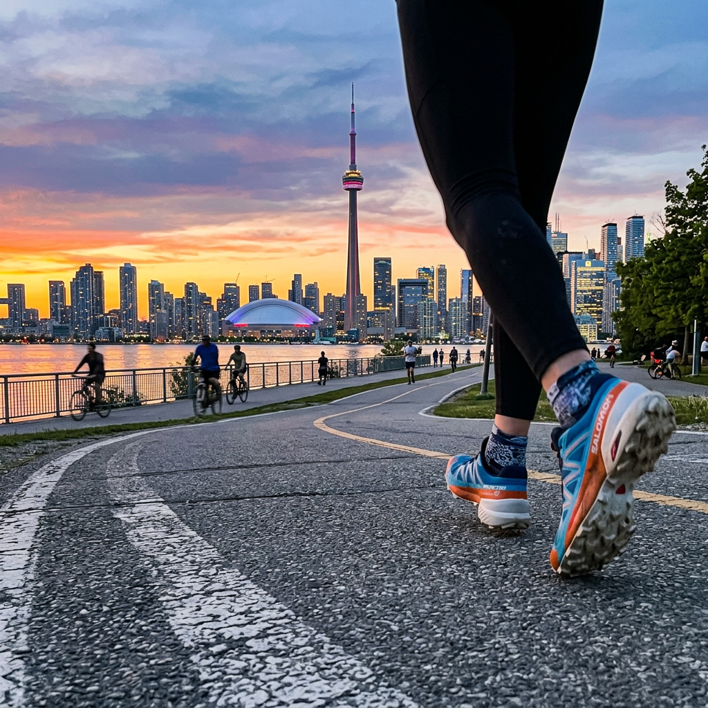 Person walking on pathway near water with Toronto skyline and CN Tower at sunset