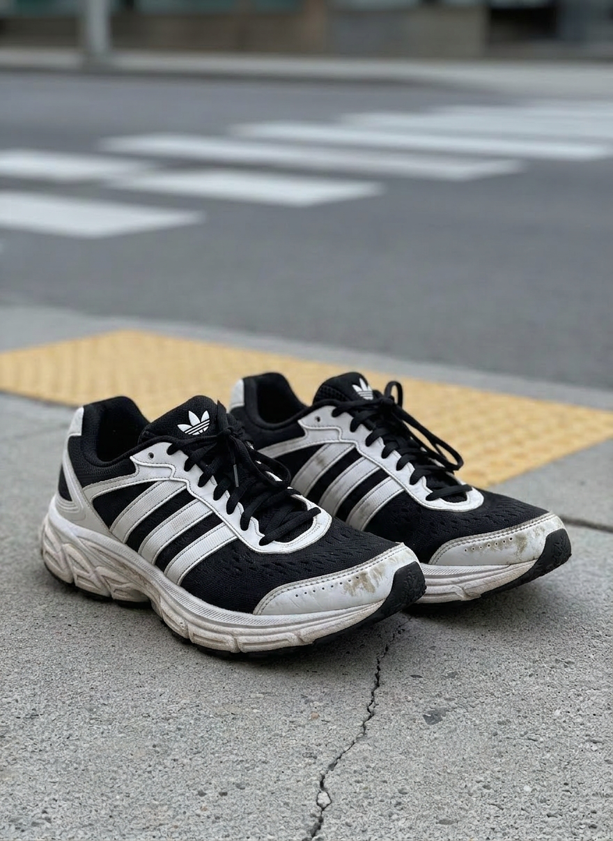A well-worn pair of neutral-toned road running shoes resting on a slightly cracked Toronto sidewalk, tiny salt stains and faint mud splatters visible on the mesh uppers and cushioned midsoles. A bright yellow painted curb edge and a subtle, out-of-focus city crosswalk frame the background. Overcast late-afternoon light creates soft, diffused highlights on the textured rubber outsole and casts gentle, realistic shadows beneath the shoes. Photographic realism with a clean, modern look, shot at eye level with a shallow depth of field that keeps the shoes in crisp focus while the urban surroundings blur into a soft, grey-blue bokeh, conveying an honest, everyday-runner atmosphere.